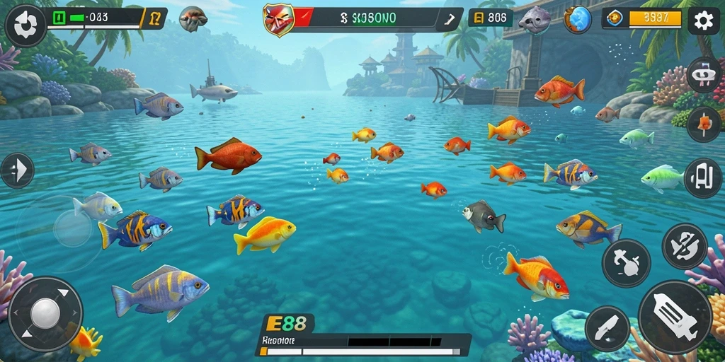 Screenshot gameplay E88 menampilkan aksi menembak ikan yang seru dan penuh warna.