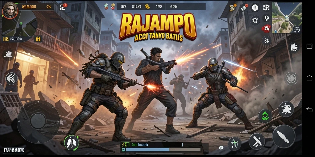 Screenshot utama RAJAMPO menampilkan aksi pertarungan yang intens.