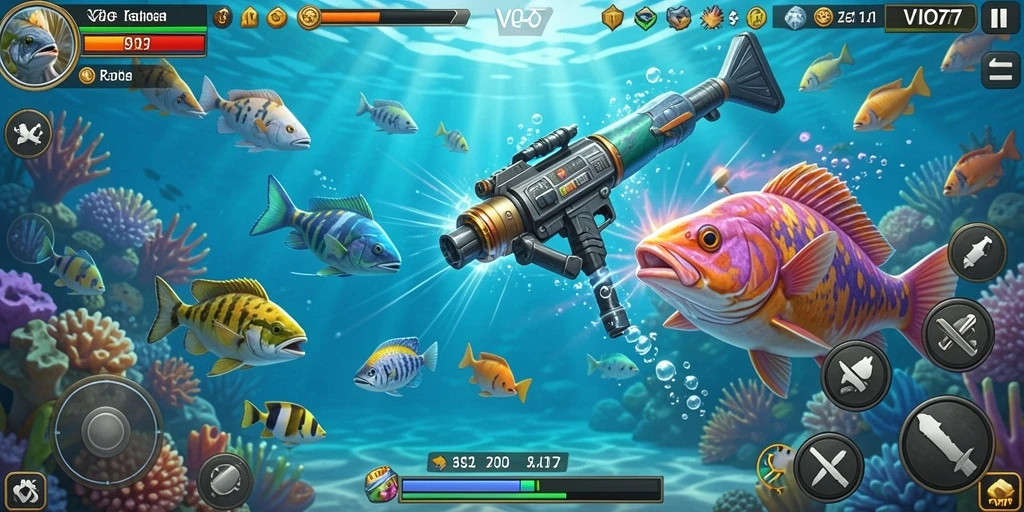Gameplay menarik dari VIO77 dengan berbagai ikan dan senjata.